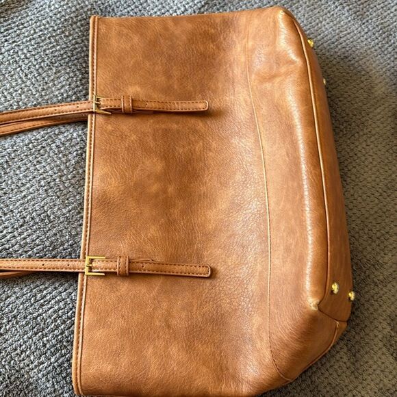 Urban Expressions‎ Brown Tote Bag Striped Interior Double Strap Buckle Detail - Picture 14 of 16
